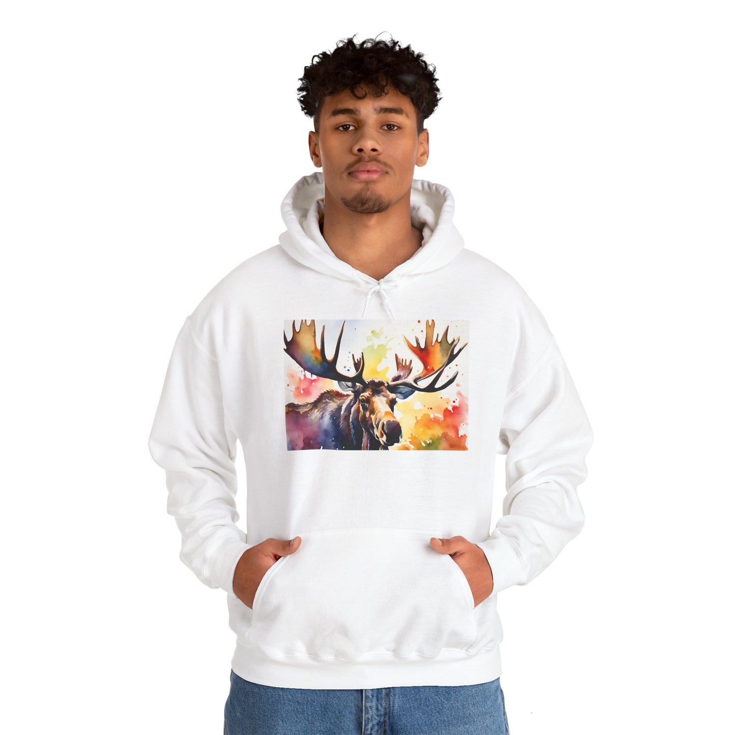 Moose Watercolor Unisex Heavy Blend Hoodie - Cozy & Artistic Sweatshirt for Nature Lovers