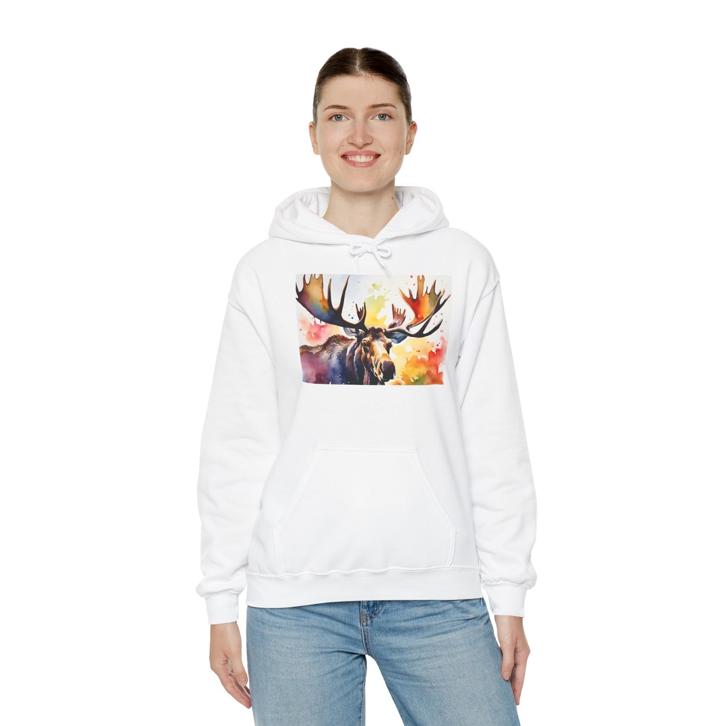 Moose Watercolor Unisex Heavy Blend Hoodie - Cozy & Artistic Sweatshirt for Nature Lovers